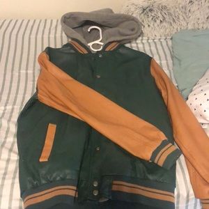 Varsity jacket with built in grey hoodie attached
